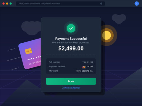 A digital screen shows a payment confirmation with a successful status. The transaction amount is displayed along with details about the payment method and merchant.