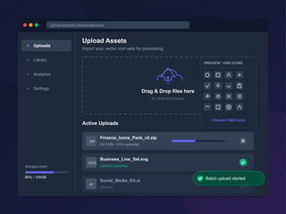 The screen shows an upload area for asset management. Active files are displayed with their names, sizes, and upload status. The user is adding new files.