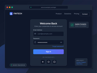 A screen shows a login area for a financial service website. Users are asked to enter an email and password to sign in. There is a notice for an update and support options.