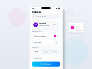 A mobile device screen shows user settings. Options include push notifications and dark mode. The user can select daily, weekly, or monthly updates. Volume level is also visible.
