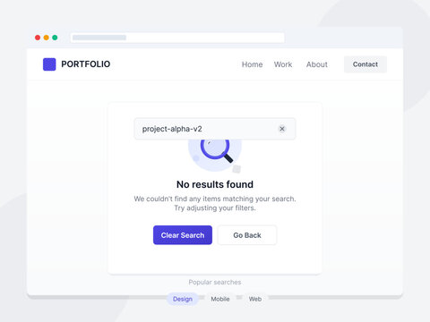 A user searches for project alpha v2 on a portfolio website but receives a message stating no results were found. It suggests adjusting filters or searching again.