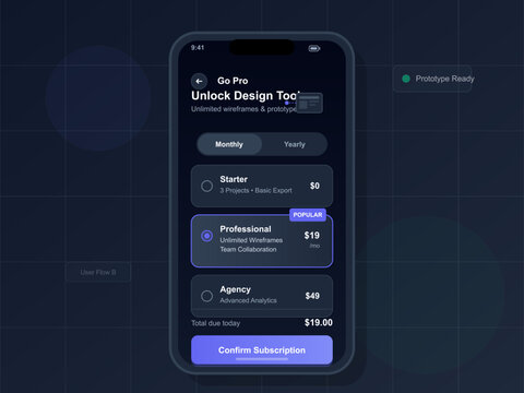 A mobile screen shows different subscription plans for a design tool app. Options include starter, professional, and agency plans with prices and features listed.