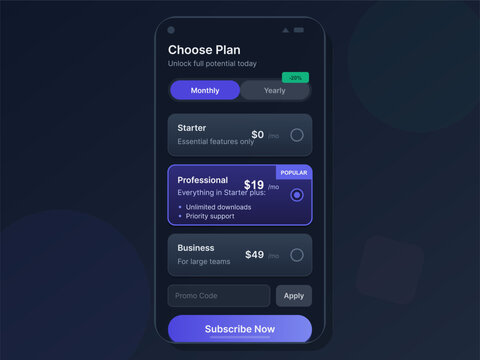 A mobile device displays a subscription plan selection. Users can choose between monthly and yearly plans. Options include starter, professional, and business tiers with prices shown.