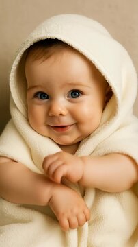 Adorable baby wrapped in a soft blanket, smiling directly at the camera. Captured from a front angle, perfect for a heartwarming family video concept. Live mobile wallpaper.