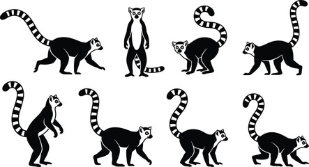 Ring tailed lemur silhouette set in different poses, black wildlife primate icons collection for Madagascar animals, nature design isolated on white background. © Vector Sifat