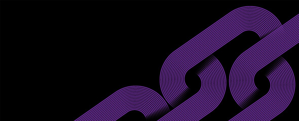 Abstract elegant black background with shiny purple geometric lines. Modern white diagonal rounded lines pattern. Horizontal banner template. Suitable for covers, posters, presentation. modern