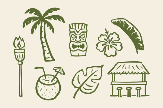 Tiki bar tropical icons doodle line art vector illustration