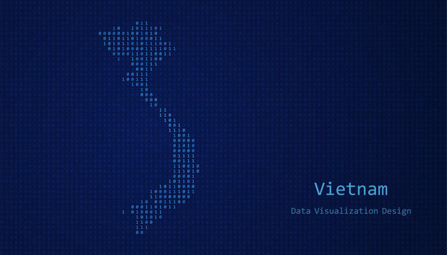 Vietnam map made of binary code on tech blue background