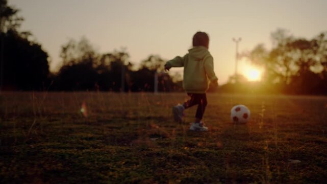 Young girl kicking a soccer ball in open field at sunset, symbolizing dreams of the World Cup. Inspiring image of hope, ambition, and childhood passion.