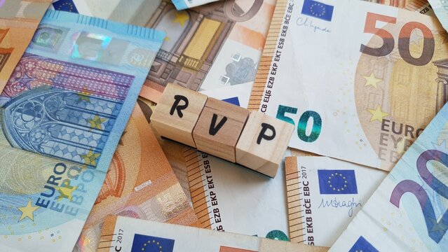 RVP acronym made of wooden letter cubes on pile of Euro banknotes. Rendimento de Valor de Pensoo (Pension Value Income)
