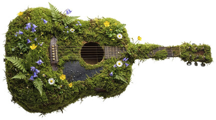 Guitar covered in greenery and flowers against a white background transparent
