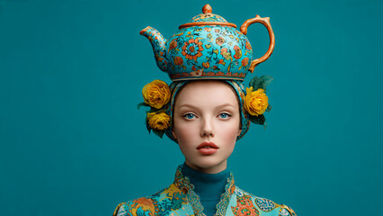 Portrait floral de femme avec une th&eacute;i&egrave;re sur la t&ecirc;te