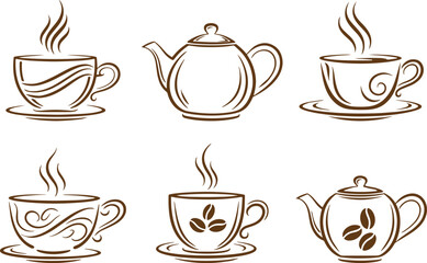Obraz premium Coffee Cup Icon Set in Line Style, Featuring Cups with Steam and Decorative Motifs