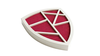 Shield-shaped object with cream frame and red textured interior