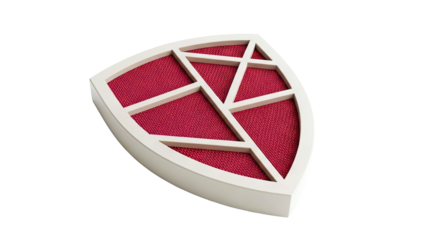 Shield-shaped object with cream frame and red textured interior