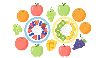 Fresh Fruit Arrangement Featuring Bowls With Berries, Yogurt, And Various Fruits