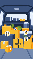 Naklejka premium Fresh Groceries and Essentials Order Delivery Inside a Vehicle with Modern Packaging Designs