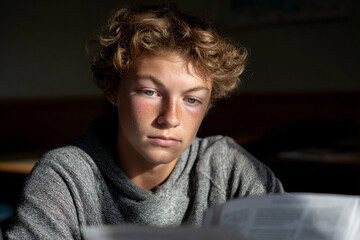 Student reading a textbook at their desk with 
a focused expression.