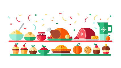 Festive Feast Display: A Colorful Array Of Delicious Food And Treats, Vector Illustration