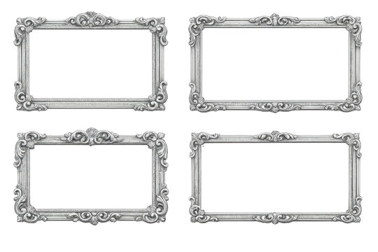 Four ornate silver vintage frames with baroque scrollwork and decorative antique borders, transparent background