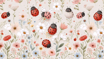 A cute ladybug pattern with beige pastel floral summer background, Ai generated image