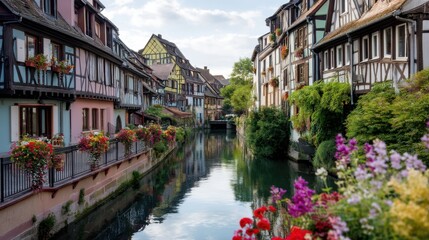 Naklejka premium Colorful buildings and flourishing flowers alongside a canal in a charming european town. Picturesque travel destination for wanderlust.
