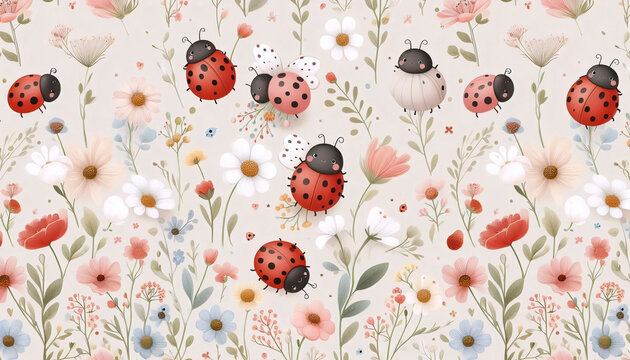 A cute ladybug pattern with beige pastel floral summer background, Ai generated image