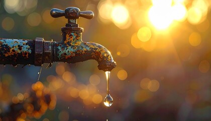 Rusty outdoor faucet dripping water with warm bokeh lights in the background.