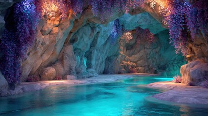 Mystical cave with glowing turquoise water and colorful hanging vines. Enchanting subterranean landscape perfect for nature background.