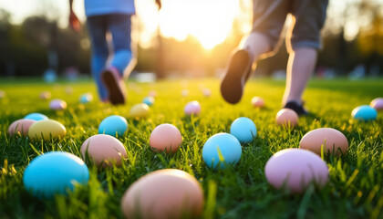 Kids Playing on Sunlit Grass with Easter Eggs During Holiday Picnic