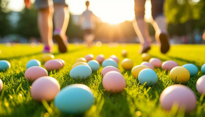 Happy Children Chasing Each Other on Lawn with Easter Eggs Sunny Day