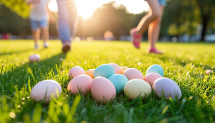 Children Running on Sunny Lawn Among Scattered Easter Eggs Picnic Celebration