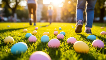 Children Running on Sunny Lawn Among Scattered Easter Eggs Picnic Celebration
