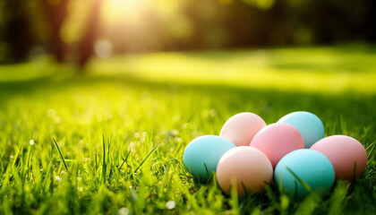 Colorful Pastel Easter Eggs in Green Grass with Side Copy Area