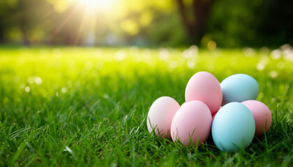 Pastel Dyed Easter Eggs on Green Grass Lawn with Copy Space
