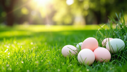Colorful Pastel Easter Eggs in Green Grass with Side Copy Area