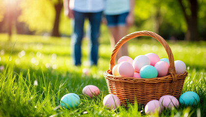 Sunny Spring Day Couple Picnic with Easter Eggs Basket on Grass