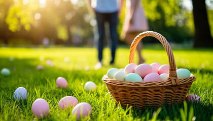 Romantic Couple Easter Picnic with Eggs Basket on Grass Sunny Holiday