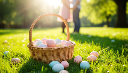 In Love Pair Having Picnic on Sunny Day with Easter Eggs Basket