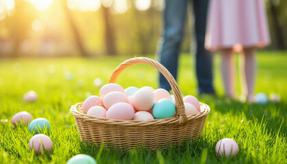 In Love Pair Having Picnic on Sunny Day with Easter Eggs Basket