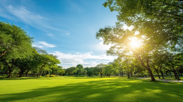 Green grass field and sun shining through trees in park. Nature landscape outdoor background for relaxation and refreshing concept.
