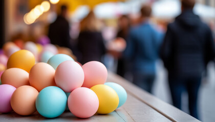 Easter Market Stall Displaying Colorful Pastel Rainbow Eggs