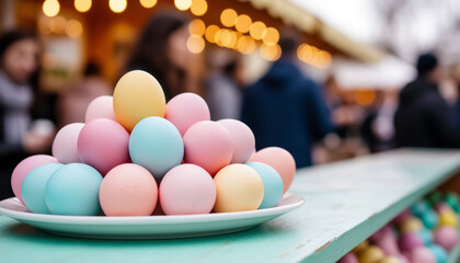 Easter Market Stall Displaying Colorful Pastel Rainbow Eggs