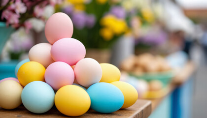 Easter Fair Booth Displaying Soft Pastel Colored Eggs for Sale