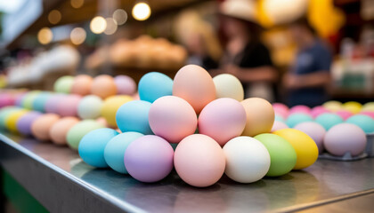Easter Fair Booth Displaying Soft Pastel Colored Eggs for Sale
