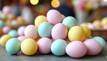 Easter Fair Booth Displaying Soft Pastel Colored Eggs for Sale