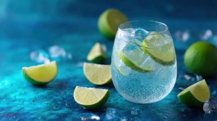 Refreshing glass of soda water with lime slices and ice. Cool citrus drink for summer refreshment. Healthy fizzy beverage concept.