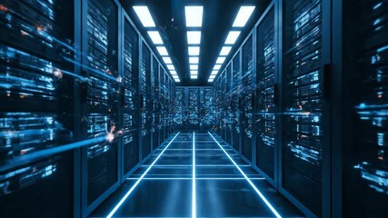 Futuristic server room with blue neon lights creating a technological atmosphere. - Powered by Adobe