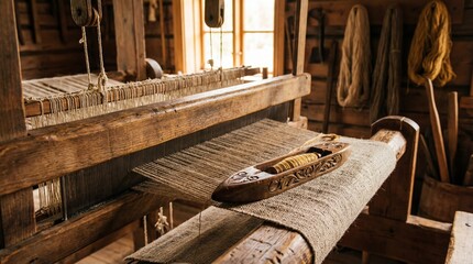 Antique wooden loom with shuttle in a traditional weaving workshop surrounded by natural fibers and rustic wooden tools creating fabric manually
