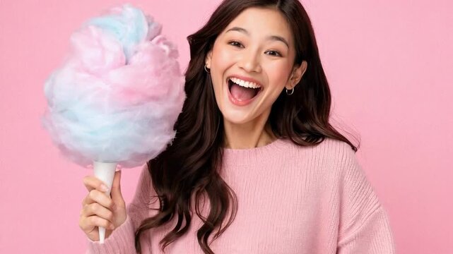 Surprised young Asian woman holding large cotton candy against pink background. High quality 4k footage